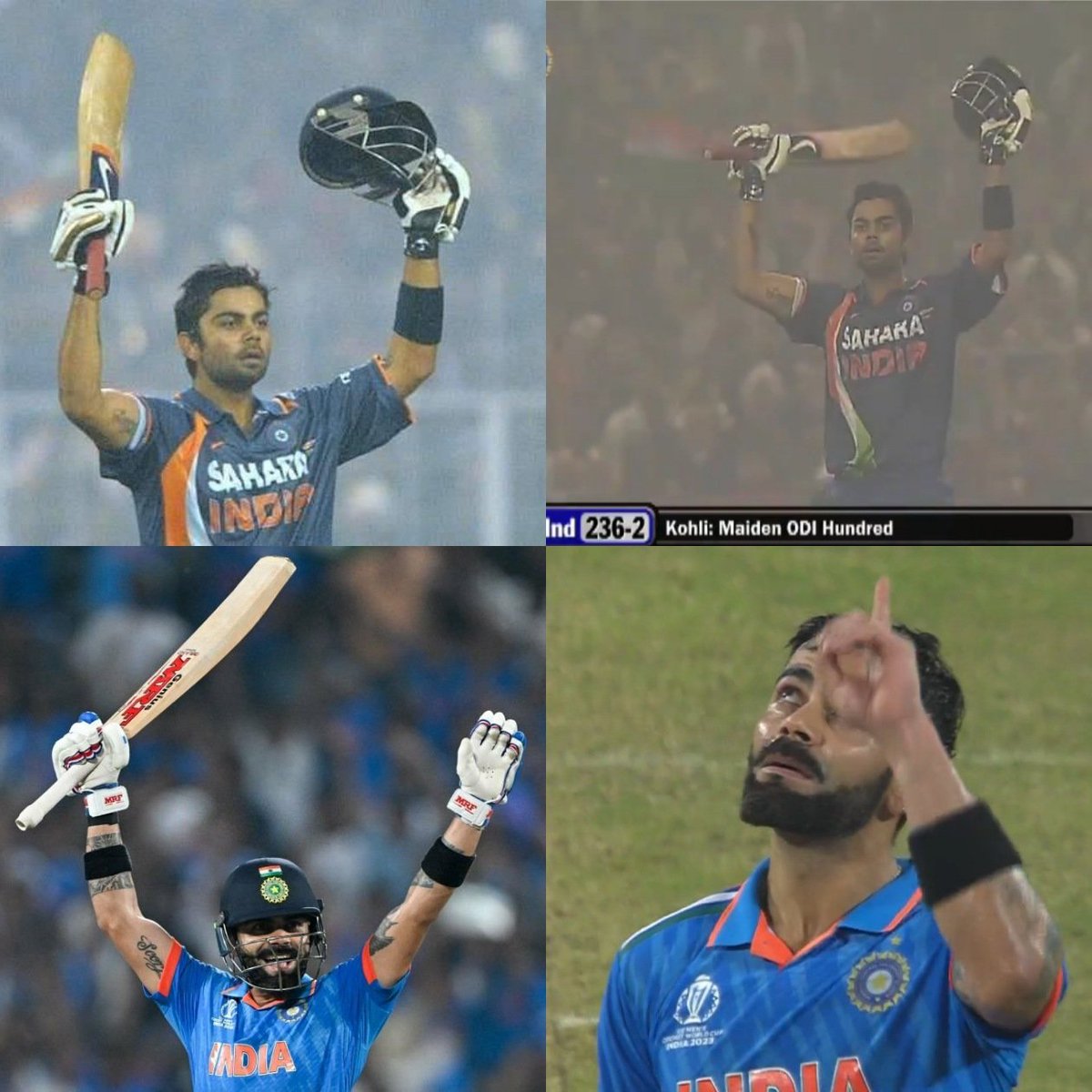 Shebas_10dulkar's tweet photo. #HappyBirthdayKingKohli

𝗩𝗶𝗿𝗮𝘁 𝗞𝗼𝗵𝗹𝗶's 1st 78 Intl Centuries 

Century No : 1
Date : 24 Dec 2009
Runs : 𝟭𝟬𝟳 (ODI)
Opponent : SL
Boundaries : 11 4s/1 6s
Venue : Kolkata
Result : Won 
M.O.M : ❎

Century No : 2
Date : 11 Jan 2010
Runs : 𝟭𝟬𝟮* (ODI)
Opponent : BAN
Boundaries : 11 4s
Venue : Dhaka
Result : Won
M.O.M : ✔️

Century No : 3
Date : 20 Oct 2010
Runs : 𝟭𝟭𝟴 (ODI)
Opponent : AUS
Boundaries : 11 4s/1 6s
Venue : Visakhapatnam
Result : Won
M.O.M : ✔️

Century No : 4
Date : 28 Nov 2010
Runs : 𝟭𝟬𝟱 (ODI)
Opponent : NZ
Boundaries : 10 4s
Venue : Guwahati
Result : Won
M.O.M : ✔️

Century No : 5
Date : 19 Feb 2011
Runs : 𝟭𝟬𝟬* (ODI)
Opponent : BAN
Boundaries : 8 4s/2 6s
Venue : Dhaka
Result : Won
M.O.M : ❎

Century No : 6
Date : 16 Sep 2011
Runs : 𝟭𝟬𝟳 (ODI)
Opponent : ENG
Boundaries : 9 4s/1 6s
Venue : Cardiff
Result : Lost
M.O.M : ❎

Century No : 7
Date : 17 Oct 2011
Runs : 𝟭𝟭𝟮* (ODI)
Opponent : ENG
Boundaries : 16 4s
Venue : Delhi
Result : Won
M.O.M : ✔️

Century No : 8
Date : 2 Dec 2011
Runs : 𝟭𝟭𝟳 (ODI)
Opponent : WI
Boundaries : 14 4s
Venue : Visakhapatnam
Result : Won
M.O.M : ✔️

Century No : 9
Date : 26 Jan 2012
Runs : 𝟭𝟭𝟲 (Test)
Opponent : AUS
Boundaries : 11 4s/1 6s
Venue : Adelaide
Result : Lost
M.O.M : ❎

Century No : 10
Date : 28 Feb 2012
Runs : 𝟭𝟯𝟯* (ODI)
Opponent : SL
Boundaries :  16 4s/2 6s
Venue : Hobart
Result : Won
M.O.M : ✔️

Century No : 11
Date : 13 Mar 2012
Runs : 𝟭𝟬𝟴 (ODI)
Opponent : SL
Boundaries : 7 4s
Venue : Dhaka
Result : Won
M.O.M : ✔️

Century No : 12
Date : 18 Mar 2012
Runs : 𝟭𝟴𝟯 (ODI)
Opponent : PAK
Boundaries : 22 4s/1 6s
Venue : Dhaka
Result : Won
M.O.M : ✔️

Century No : 13
Date : 21 July 2012
Runs : 𝟭𝟬𝟲 (ODI)
Opponent : SL
Boundaries : 9 4s
Venue : Hambantota
Result : Won
M.O.M : ✔️

Century No : 14
Date : 31 July 2012
Runs : 𝟭𝟮𝟴* (ODI)
Opponent : SL
Boundaries : 12 4s/1 6s
Venue : Colombo
Result : Won
M.O.M : ✔️

Century No : 15
Date : 2 Sep 2012
Runs : 𝟭𝟬𝟯 (Test)
Opponent : NZ
Boundaries : 14 4s/1 6s
Venue : Bengaluru
Result : Won
M.O.M : ✔️

Century No : 16
Date : 15 Dec 2012
Runs : 𝟭𝟬𝟯 (Test)
Opponent : ENG
Boundaries : 11 4s
Venue : Nagpur
Result : Drawn
M.O.M : ❎

Century No : 17
Date : 24 Feb 2013
Runs : 𝟭𝟬𝟳 (Test)
Opponent : AUS
Boundaries : 15 4s/1 6s
Venue : Chennai
Result : Won
M.O.M : ❎

Century No : 18
Date : 5 July 2013
Runs : 𝟭𝟬𝟮 (ODI)
Opponent : WI
Boundaries : 13 4s/2 6s
Venue : Port Of Spain
Result : Won
M.O.M : ✔️

Century No : 19
Date : 24 July 2013
Runs : 𝟭𝟭𝟱 (ODI)
Opponent : ZIM
Boundaries : 13 4s/1 6s
Venue : Harare
Result : Won
M.O.M : ✔️

Century No : 20
Date : 16 Oct 2013
Runs : 𝟭𝟬𝟬* (ODI)
Opponent : AUS
Boundaries : 8 4s/7 6s
Venue : Jaipur
Result : Won
M.O.M : ❎

Century No : 21
Date : 30 Oct 2013
Runs : 𝟭𝟭𝟱* (ODI)
Opponent : AUS
Boundaries : 18 4s/1 6s
Venue : Nagpur
Result : Won
M.O.M : ✔️

Century No : 22
Date : 18 Dec 2013
Runs : 𝟭𝟭𝟵 (Test)
Opponent : SA
Boundaries : 18 4s
Venue : Johannesburg
Result : Drawn
M.O.M : ✔️

Century No : 23
Date : 19 Jan 2014
Runs : 𝟭𝟮𝟯 (ODI)
Opponent : NZ
Boundaries : 11 4s/2 6s
Venue : Napier
Result : Lost
M.O.M : ❎

Century No : 24
Date : 18 Feb 2014
Runs : 𝟭𝟬𝟱* (Test)
Opponent : NZ
Boundaries : 15 4s/1 6s
Venue : Wellington
Result : Drawn
M.O.M : ❎

Century No : 25
Date : 26 Feb 2014
Runs : 𝟭𝟯𝟲 (ODI)
Opponent : BAN
Boundaries : 16 4s/2 6s
Venue : Fatullah
Result : Won
M.O.M : ✔️

Century No : 26
Date : 17 Oct 2014
Runs : 𝟭𝟮𝟳 (ODI)
Opponent : WI
Boundaries : 13 4s/3 6s
Venue : Dharamsala
Result : Won
M.O.M : ✔️

(1/3)