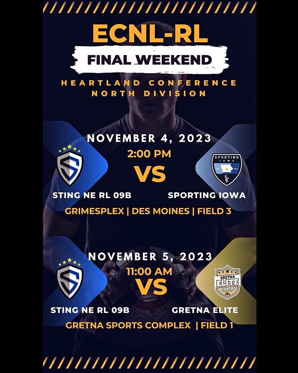 Let’s go Sting Nebraska!!!   

Final ECNL-RL weekend with two matches to determine final standings.   6 points on the line.   

@stingnebraska @ecnlboys #wearesting #braveboldone #representNE #ecnlrl #stingsoccer