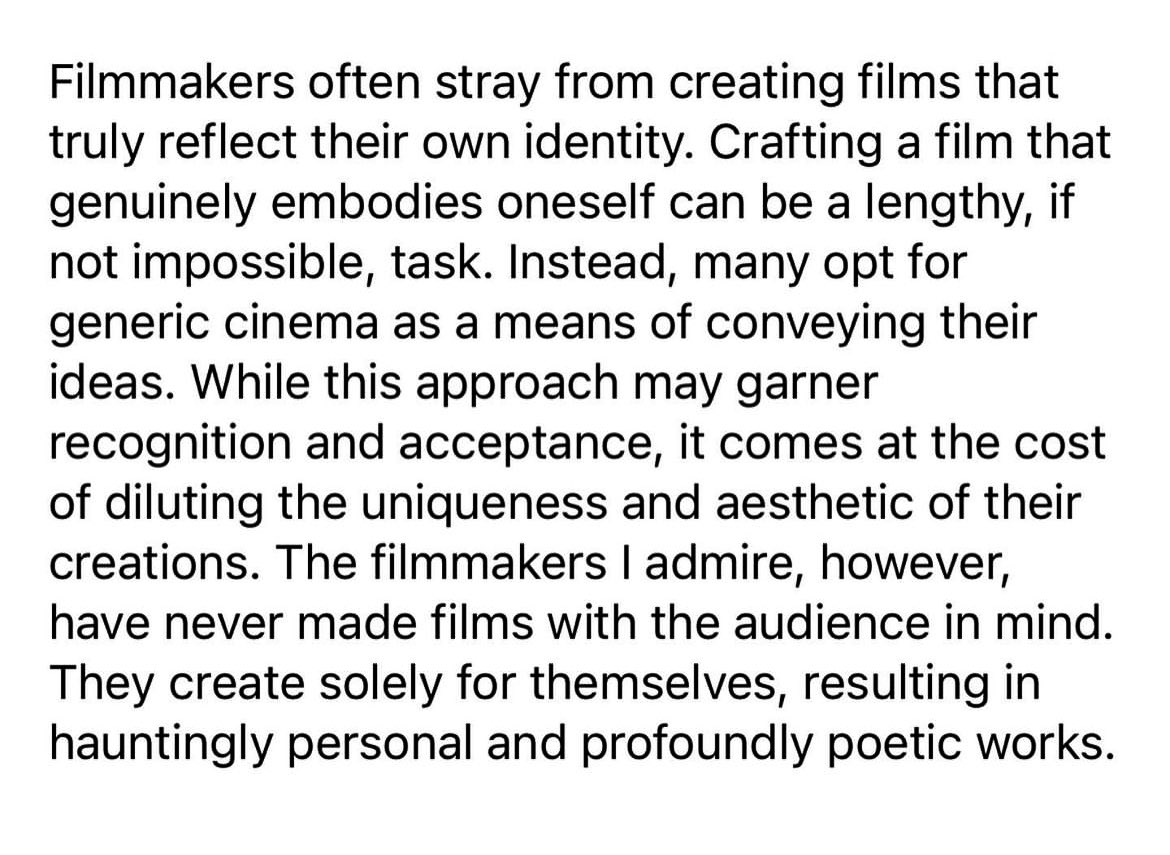 Resonating and reassuring words from @rouzbehrashidi. Not once during my own process as a #filmmaker (inception to conclusion) have I paused to consider the audience. Tarantino said “I'm making [these films] for me, everybody else is invited”. I embrace this ethos. #passionfirst