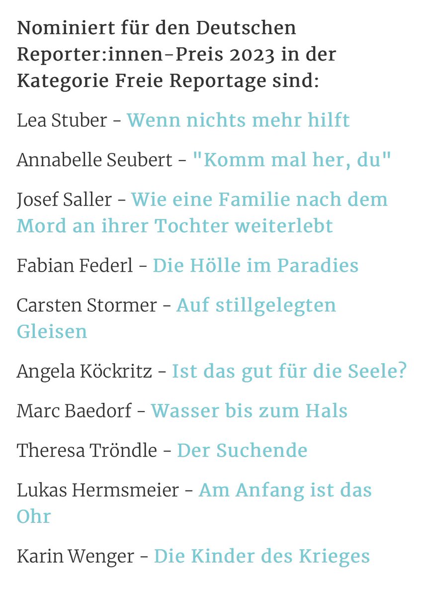 So schön! Meine Reportage über einen jungen Mann, der seit Jahren nach einer vermissten Frau im Schwarzwald sucht, ist für den #reporterinnenpreis23 nominiert. Vielen Dank an die Redaktion vom <a href="/szmagazin/">SZ Magazin</a>
