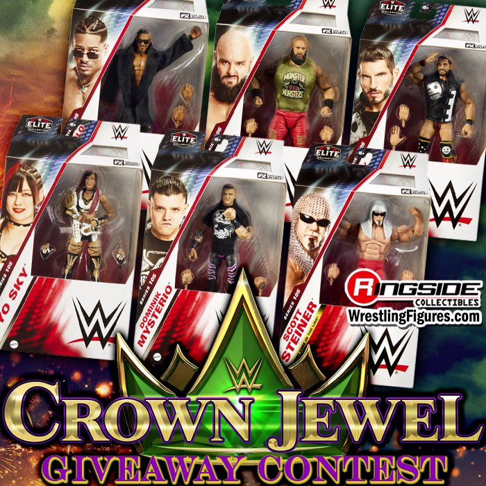 RingsideC's tweet photo. 👑 CROWN JEWEL GIVEAWAY 👑

Enter our #WWECrownJewel Giveaway Contest for your chance to win a complete set of @Mattel @WWE Elite 105! Featuring Dominik Mysterio, Carmelo Hayes, Johnny Gargano, Scott Steiner, Braun Strowman & IYO SKY!

To enter:
- Must be following @RingsideC 
- Like & Repost THIS post
-  Reply tagging three friends and let us know if you’re watching! 👑💎

Winner will be selected at random out of everyone who entered and followed the rules. Winners to be announced next week.

***YOU WILL ONLY EVER BE CONTACTED BY THIS ACCOUNT***
If any other account poses to be us and asks you for any information please report and block them! We will never ask you for payment information or to click any links!

#RingsideCollectibles #WrestlingFigures #WWEEliteSquad #Mattel #WWE #RingsideExclusive #Elite105 #DominikMysterio #IyoSky #CarmeloHayes #BraunStrowman #ScottSteiner #JohnnyGargano