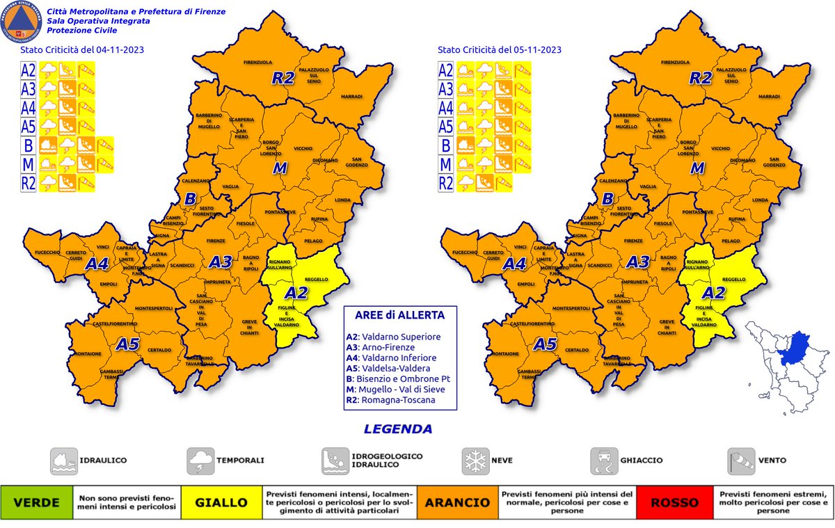 #MetroFirenze #AllertaMeteoTOS 4 e 5/11 #CodiceARANCIO rischio idraulico sull'area Bisenzio-Ombrone PT e rischio idrogeologico tutte le aree escluso Valdarno Superiore, #CodiceGiallo rischio idrogeologico Valdarno Sup. #CodiceGiallo per temporali forti e vento su tutte le aree.