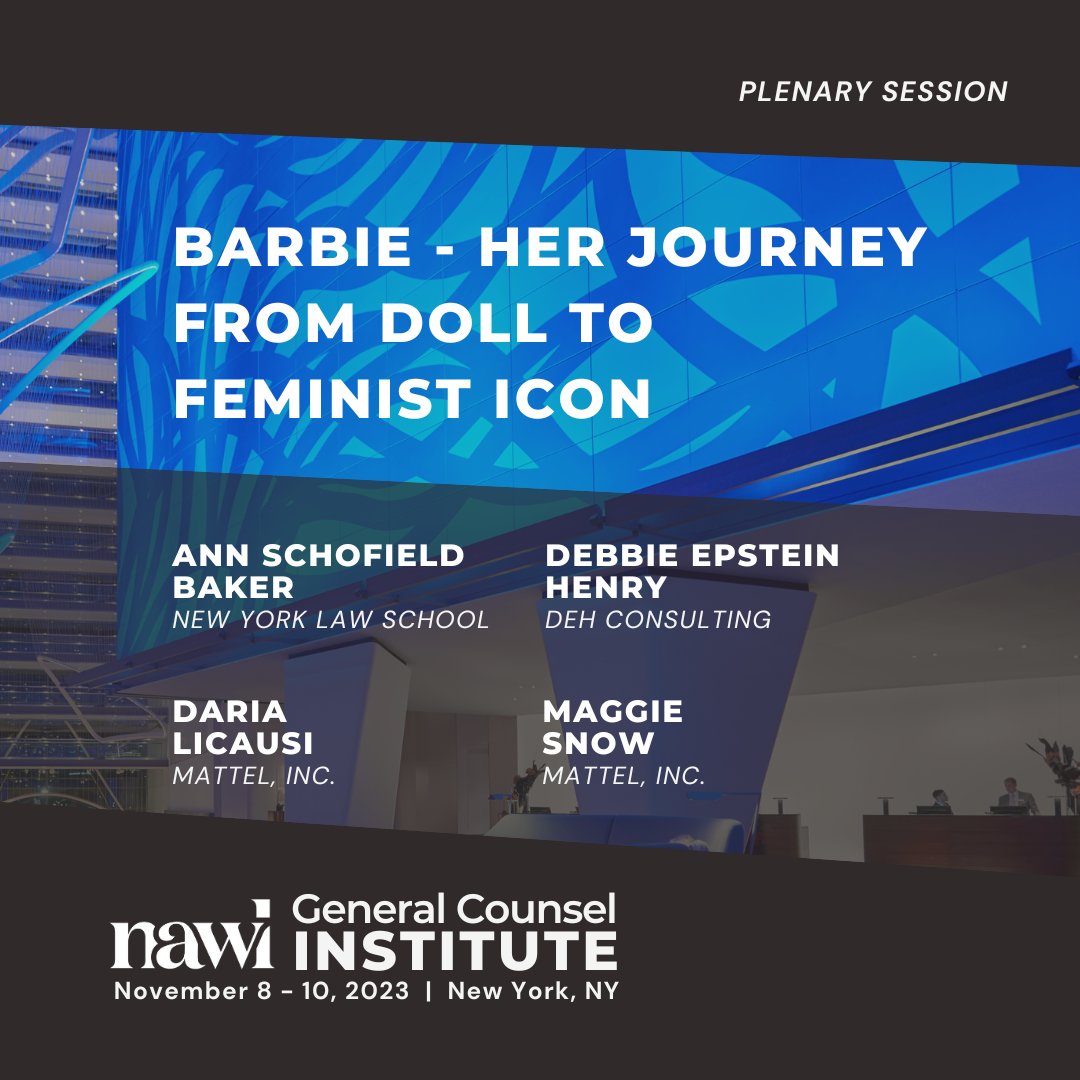 NAWLWomeninLaw's tweet image. At #GCI2023 we&apos;ll explore Barbie’s evolution with attorneys from @Mattel. We’ll discuss the tightrope #womenlawyers have had to walk, the progress made, and what more needs to be done.

Still time to register! nawl.org/2023-general-c…

#NAWLGCI #NAWL #conference #NAWLWomeninlaw