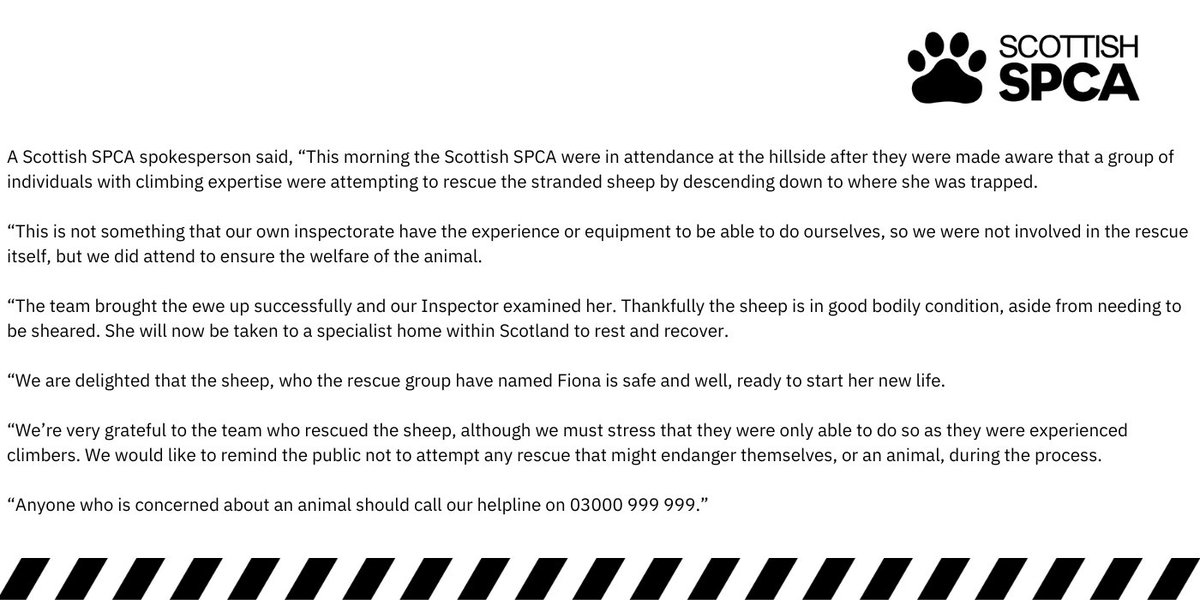🐾We're delighted to update that the sheep stranded near Brora has been successfully rescued this morning. 

Thank you to everyone who offered their support, you can read our full statement below: