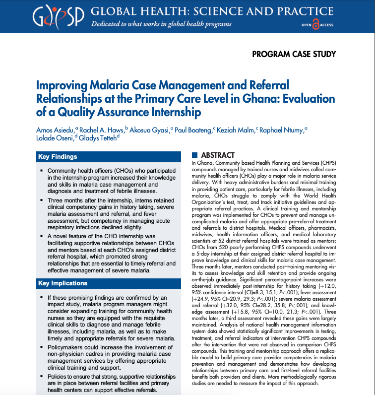 The authors report that an innovative internship and mentoring program for community health officers in Ghana was associated with improved knowledge and skills related to malaria management, including timely, appropriate referrals for severe cases. tinyurl.com/43vx3svm