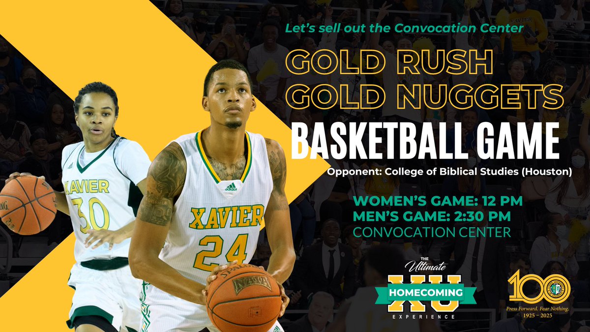 Join us for an action-packed day of 🍔 tailgating & 🏀basketball games:

🌭 Tailgate: 11 AM - 7 PM 

🕛 12 PM #GoldNuggets (Women)
🕝 2:30 PM #GoldRush (Men)
vs. College of Biblical Studies (Houston)
📍 Convocation Center

Let's pack the house, show our support for #XULAAthletics