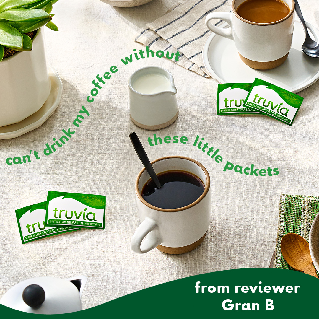 truvia's tweet photo. Coffee just isn’t the same without Truvia! Stay stocked with Truvia Stevia Leaf Packets for morning sweetness with zero sugar so you can sweeten whatever, whenever, wherever ☕ 💚 https://t.co/yebinNyLKh