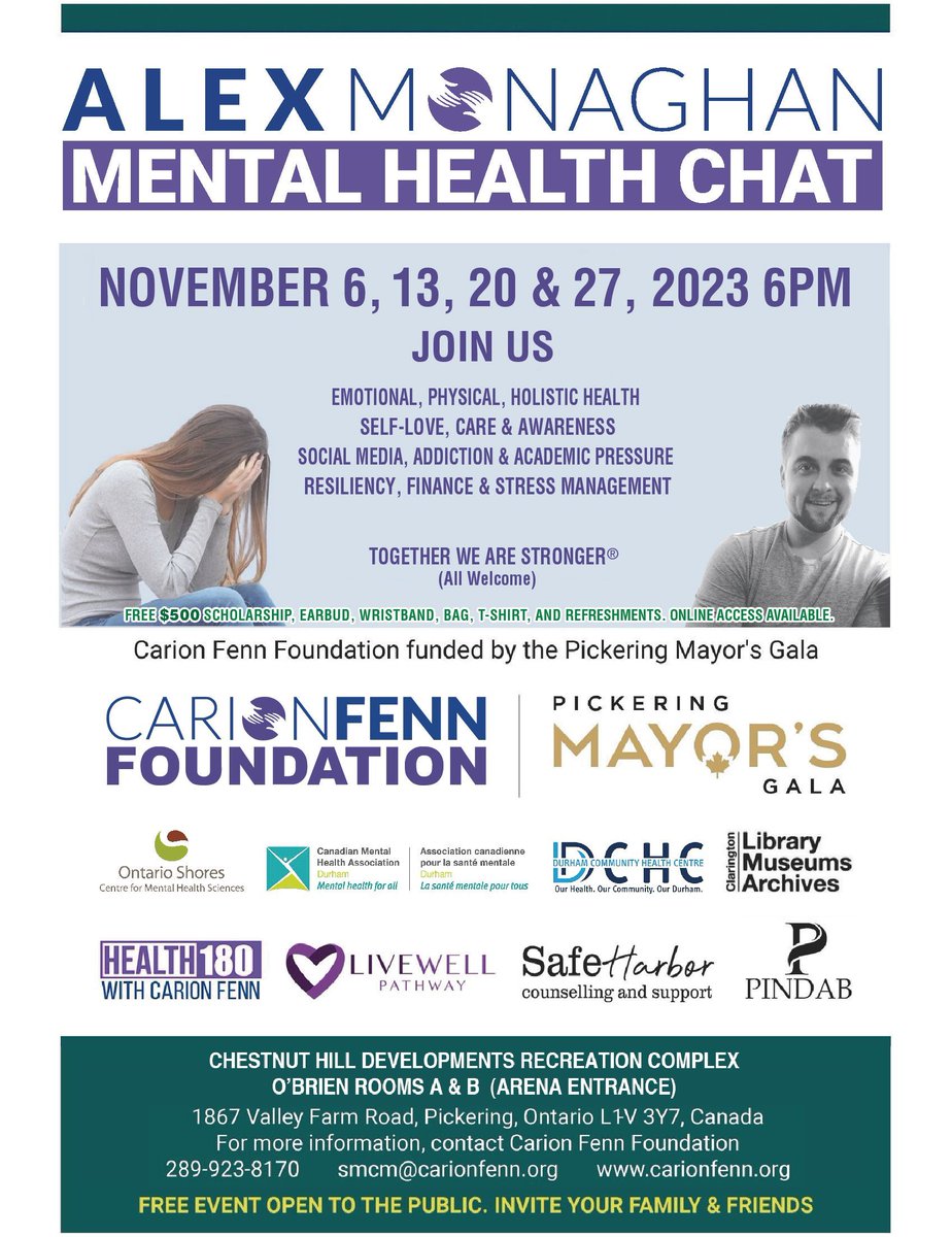 carionfenn's tweet photo. #AlexMonaghan #MentalHealth Chat, November 6, 13, 20 & 27, 2023 6pm with @CMHADurham, @durhamchc, @OntarioShores, @CoreyDixon33, @MikeShoreman +. Win prizes ie $500, Earbud +. Details at https://t.co/OIQlchya1I. @carionfenn Foundation funded by @MayorsGala
#sayhisname https://t.co/N4kCOy6j2F