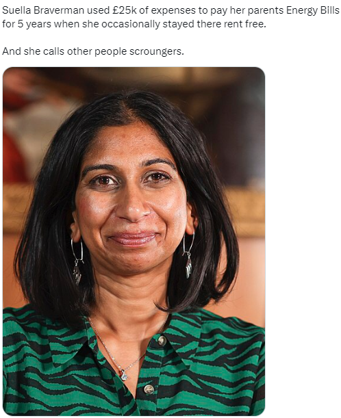 Britain_People's tweet photo. SUELLA BRAVERMAN: 

🔴Suella Braverman WRONGLY claimed £25,000 in second home allowance while living RENT FREE with her parents

Now she's cracking down on HOMELESS people sleeping in tents on the streets.

BUT she calls other people scroungers. https://t.co/XP6LulsP4J