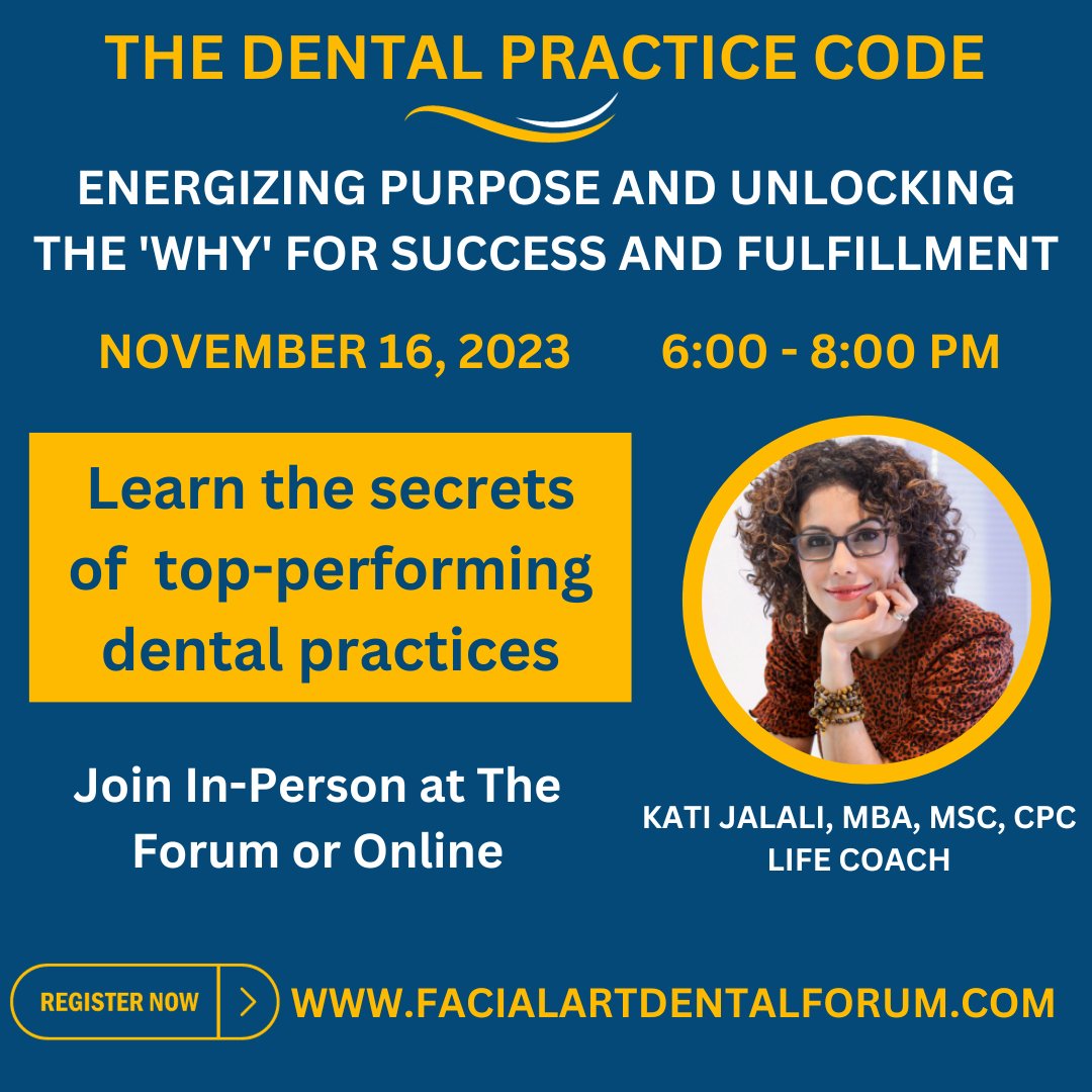 If you are a #dentist and generally feel 'BLAH,' you are not alone! Join a transformative seminar by <a href="/KathyJalali/">Kati J</a> on how to energize your #purpose and unlock the ‘WHY’ for #success , #fulfillment, and overcoming the common pitfalls of dental practice.

facialartdentalforum.com/dentalcourses/…