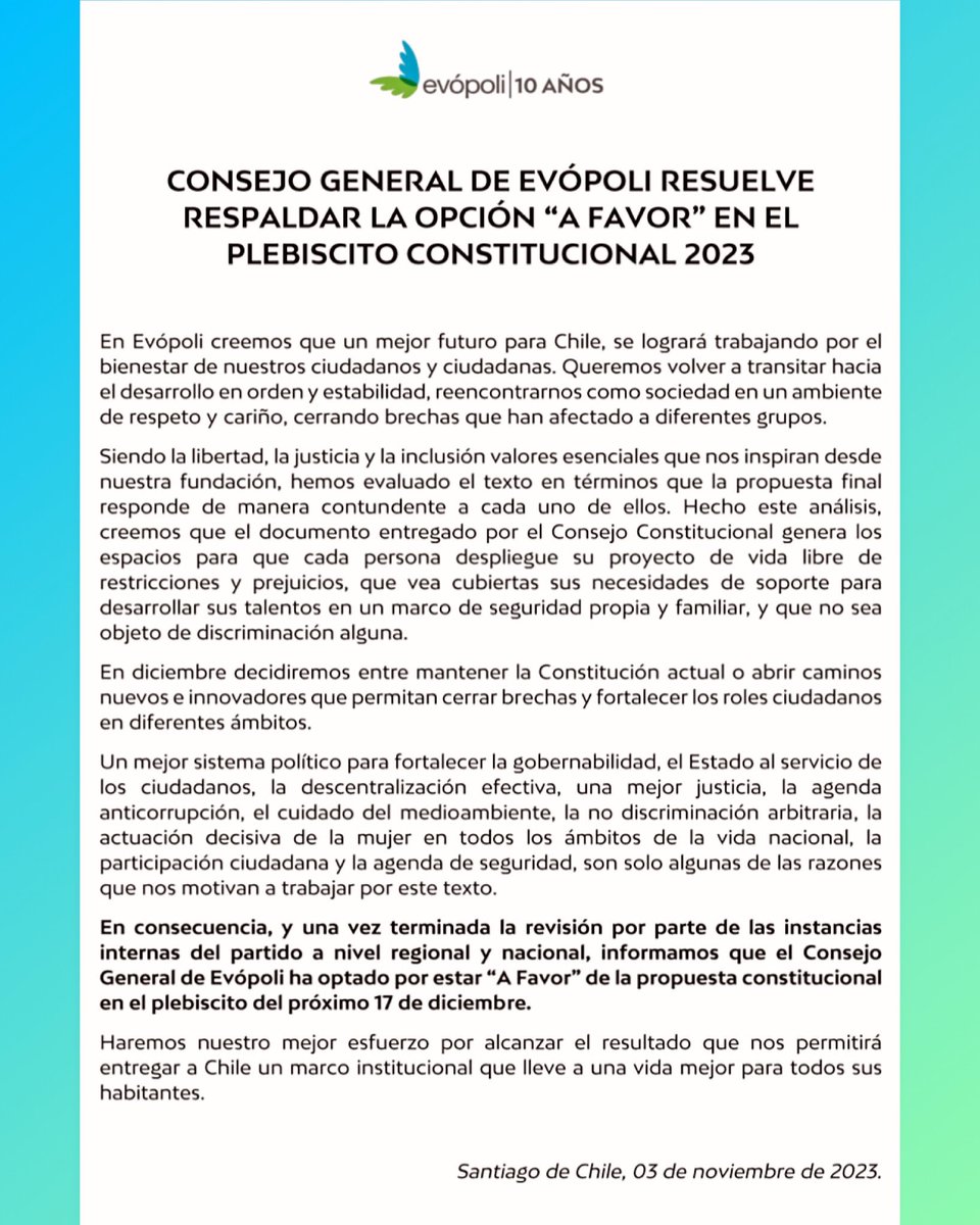 evopoli's tweet photo. En Evópoli queremos un mejor futuro para Chile 🇨🇱: A FAVOR. 

Mejor sistema político, un Estado al servicio de los ciudadanos, la descentralización efectiva, mejor justicia, la actuación decisiva de la mujer en todos los ámbitos de la sociedad, son algunas de las razones que nos motivan para apoyar la opción “A Favor” 👇🏼