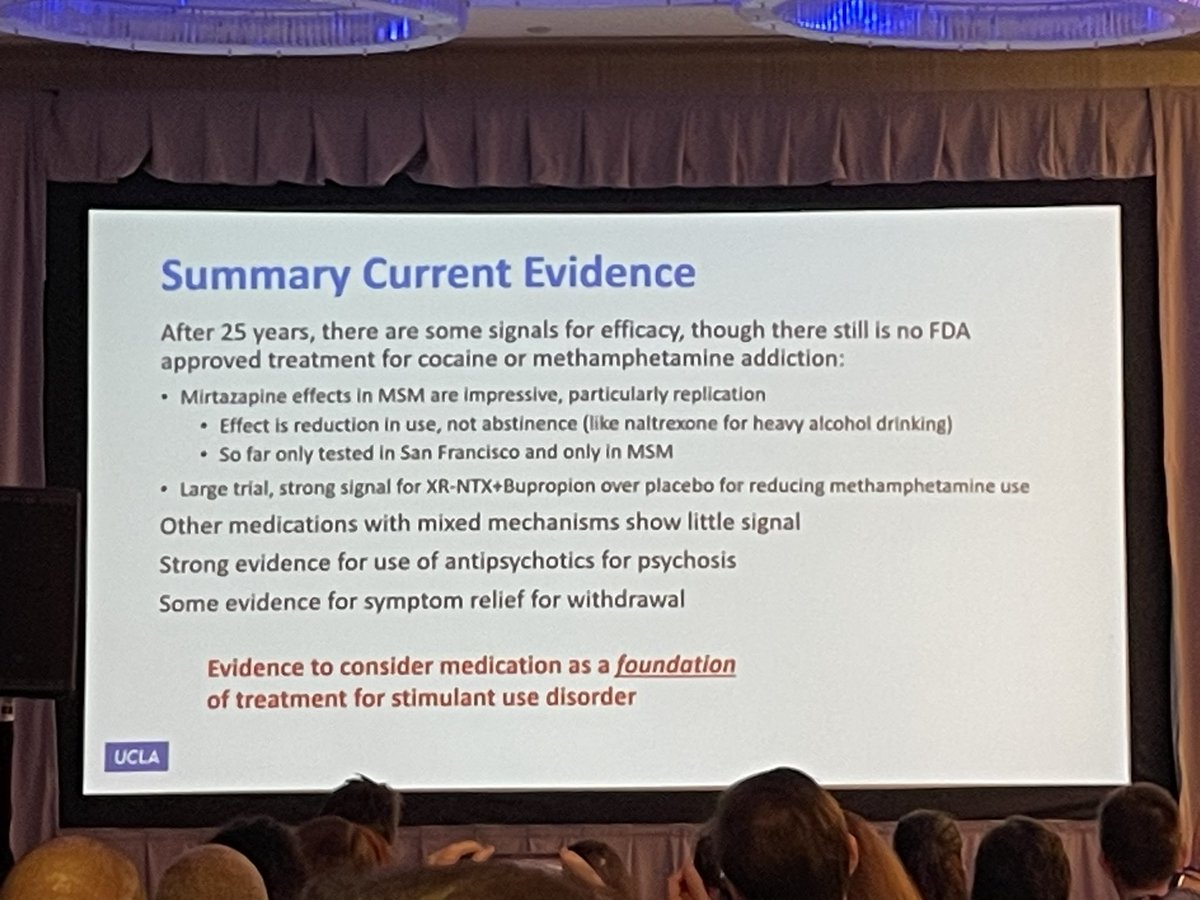 We may not have fda approved medications for stimulant use disorders but now we have strong, replicable evidence to support medications (XR-naltrexone + bupropion &amp; mirtazepine) for methamphetamine use disorder. Should be used in conjunction with our other tools. #amersa2023