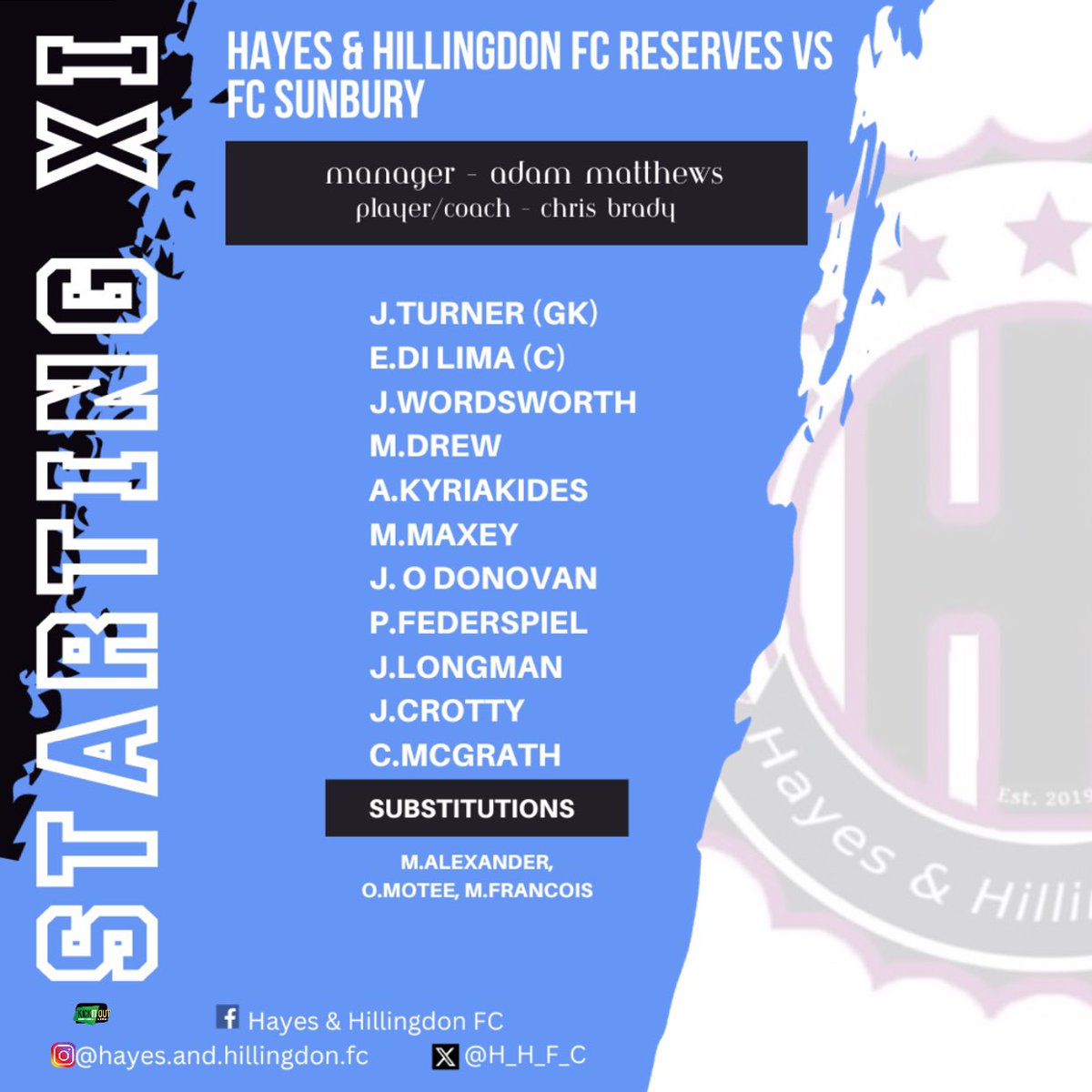 Here’s how we’re starting this afternoon💪🏼👌🏿⚽️

@Southbournees @RichingsSports 

#HHFC #morethanafootballclub #hayesandhillingdonfc #hhfc #lineup #startinglineup #startingxi #xi #lineups #leaguegame #leaguegames #prem #division #combination #combinationleague #middlesexfa 
💜🖤🩵