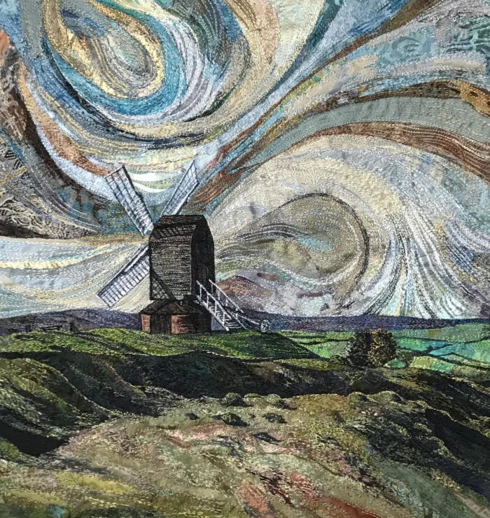 womensart1's tweet photo. 'Brill Windmill' by UK textile artist Rachel Wright, machine embroidered on calico with various fabrics #WomensArt https://t.co/4rmmvDQd3i
