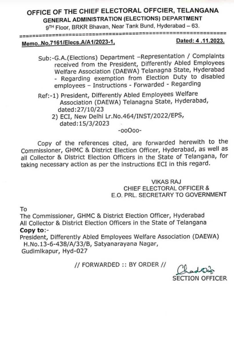 The Telangana State Election Commission has issued instructions to the Collectors of all the districts of the state to exempt disabled employees from election duties of TSLA 2023. @CEO_Telangana @TelanganaCMO #TelanganaElection2023 #TSLA2023