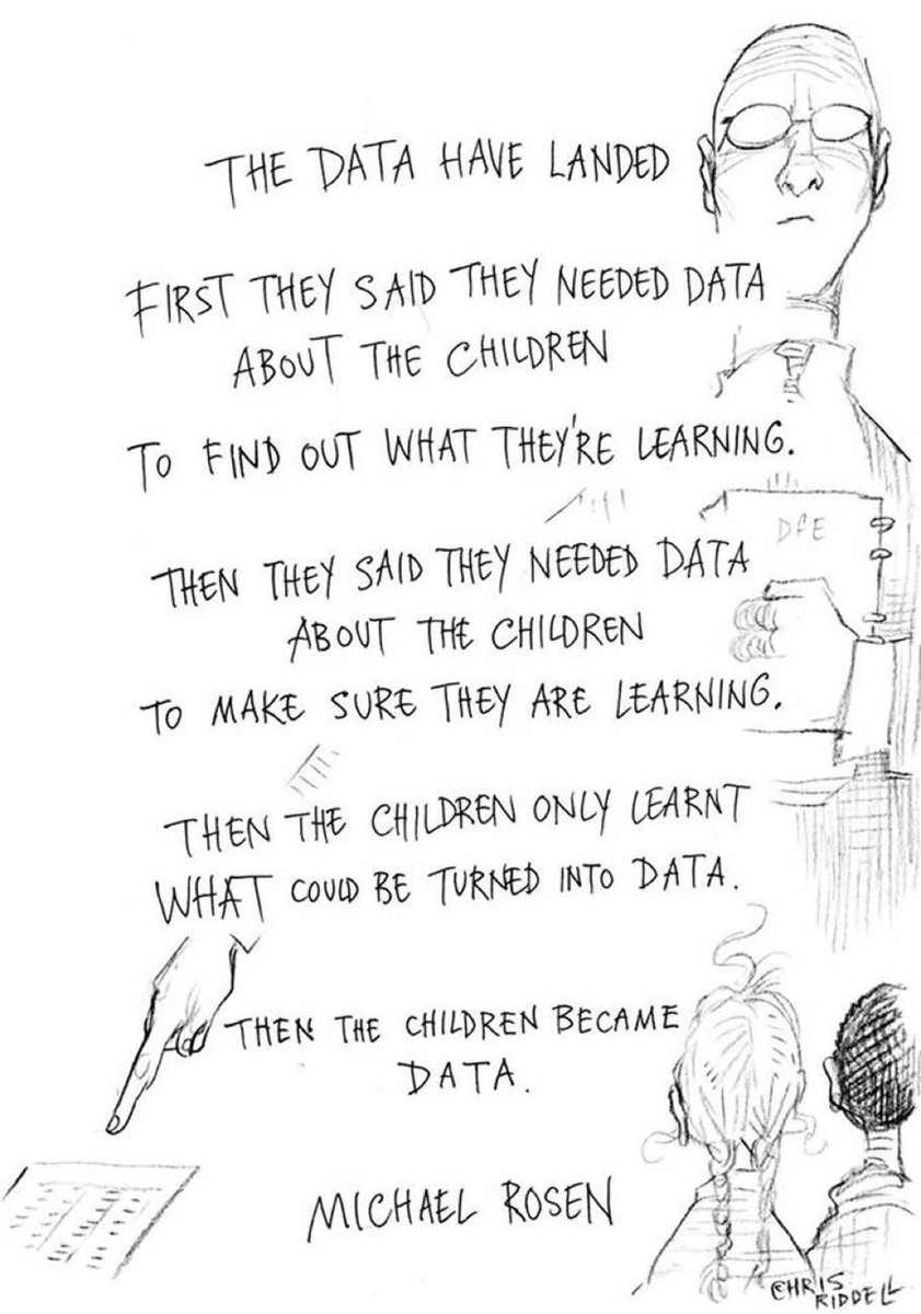 philmcrae's tweet photo. Data is not Teacher Professional Wisdom. 

The growth in literacy &amp; numeracy testing is not for children, it’s for those far away &amp; disconnected from them. 

It’s about surveillance &amp; mistrust

It’s not about public assurance
 #abed #ableg #onted #bced #cdnpoli #edchat #ukedchat https://t.co/a9ZwbruWyw