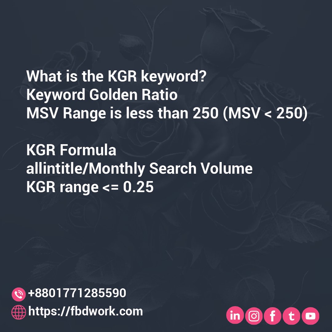 FreelancingBDIn's tweet image. What is the KGR keyword?
Keyword Golden Ratio
MSV Range is less than 250 (MSV &amp;lt; 250)

What is the KGR keyword?
allintitle/Monthly Search Volume
KGR range &amp;lt;= 0.25
#KGR #KGRkeyword #KeywordGoldenRatio #MSVRange #MSV #KGRFormula #allintitle #MonthlySearchVolume #seoexpert