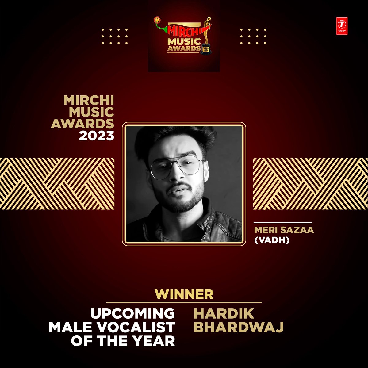 TSeries's tweet photo. 🎤 Congratulations to the incredibly talented #HardikBharadwaj for winning Upcoming Male Vocalist of the Year at the #MirchiMusicAwards2023 with his mesmerizing track 'Meri Sazaa (Vadh)' 🎶

@imsanjaimishra @Neenagupta001 #SaurabhSachdeva @manavvij786 @J_Studio_ #RajeevBarnwal #Mofusion #LaviSarkar #NaveenKumar #HardikBhardwaj @luv_ranjan @gargankur @NeerajRuhil21 @subhav86sharma #NympheaSarafSandhu @LuvFilms @JStudioFilms #NextLevelProductions  @mirchiplus