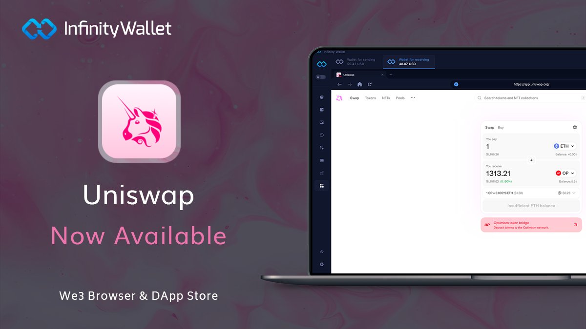 Definews_Info's tweet photo. ✴️@InfinityWallet has integrated @Uniswap into its #Web3 browser and #dApps

✴️ #InfinityWallet is the ultimate gateway to decentralized finance in a user-friendly, multi-currency and convenient cryptocurrency wallet for all your needs

🔽 VISIT
https://t.co/viSCGln6VX
#Definews https://t.co/XbLfR0hTVZ