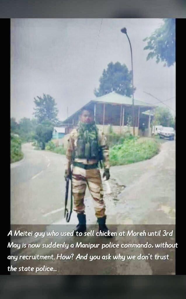 BlissAmbassador's tweet photo. A Meitei guy who used to sell chicken at Moreh until 3rd May is now suddenly a Manipur police commando, without any recruitment. How is that possible? 
And you ask why we don't trust the state police. @AmitShah @rashtrapatibhvn @PMOIndia @SCJudgments @adgpi @spearcorps 

 #ThisIsKuki_ZoStory
#MeiteiAtrocities #MeiteiWarCrimes
#StateSponsoredViolenceAgainstKukiZo
 #ManipurViolence 
#MeiteiAggression  
#Meiteilieexpose
#ManipurBurning
#ManipurHorror 
#ManipurEthnicCleansing
#SeparateAdministrationOnlySolution  

 @indiatvnews @DDNewslive @News24 @Resonant_News @CNNnews18 @ndtvindia @NewsNation @RepublicBhart @ANI @ABPNews @News18India @TOIIndiaNews  @airnewsalert @BBCIndia @TimesNow @timesofindia @ttindia  @NewsX @IndiaToday  @MirrorNow @ETNowlive @WIONews @NENowNews  @republic
@RapporteurUn @MelissaFleming  @thewire_in @AJEnglish @timesofindia @htTweets @amnestysasia  @LiveLawIndia  @TribalAffairsIn  @min_homeaffairs @TheDeshBhakt @TheQuint @CNN @ashoswai @rwac48 @AJENews @Jairam_Ramesh @ravishndtv @dhruv_rathee   @abhisar_sharma