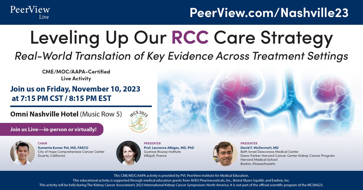 Hone your ability to develop treatment strategies for patients with #RCC by joining a symposium featuring Drs. Sumanta Kumar Pal (@montypal), Prof. Laurence Albiges (@AlbigesL), & David F. McDermott. 11/10 at 6:45 PM CST during #IKCSNA23: bit.ly/Nashville23T #MedEd