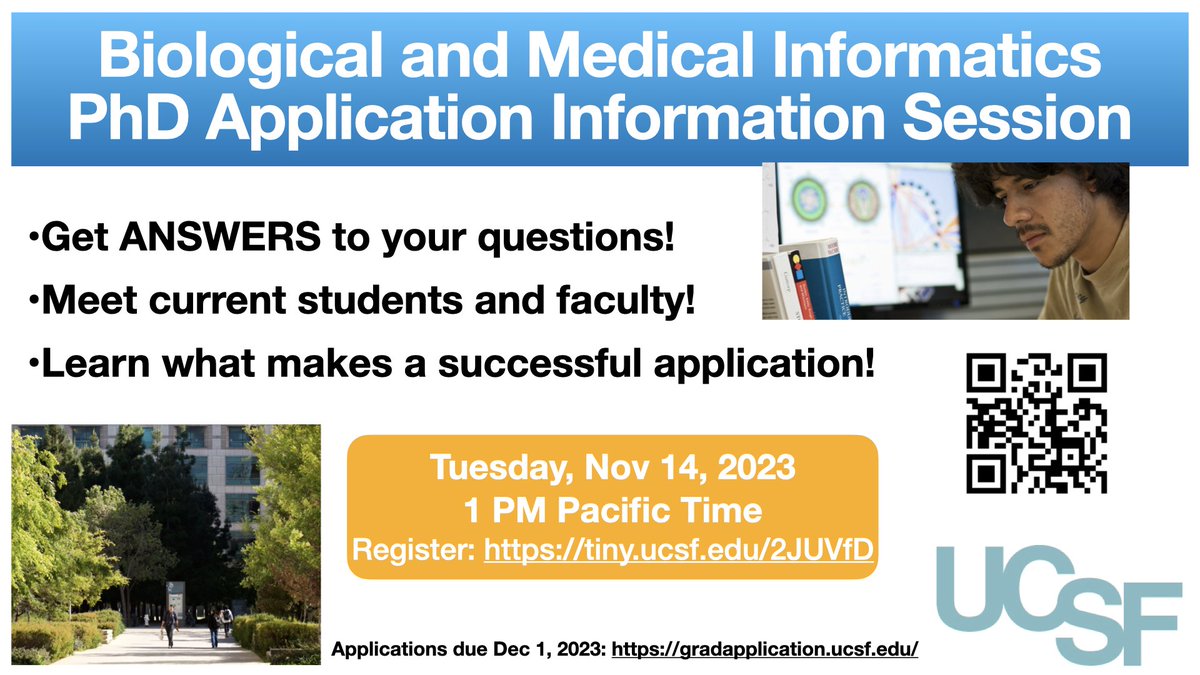 Are you considering applying for PhD positions in bioinformatics or computational biology? Consider the bmi.ucsf.edu program! We are hosting an info session on Tues Nov 14 at 1pm Pacific. Register: tinv.ucsf.edu/2JUVfD. Come meet faculty and current students!