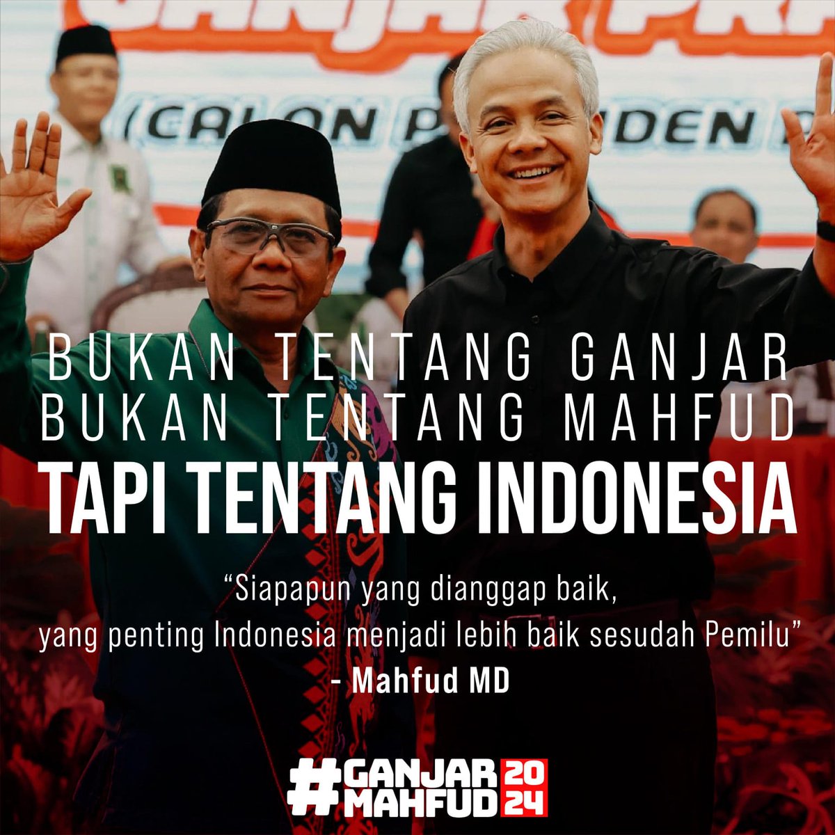 Bukan tentang Ganjar, bukan tentang Mahfud

Tapi ini tentang Indonesia

Indonesia harus tetap lebih baik sesudah pemilu

#GanjarMahfud2024