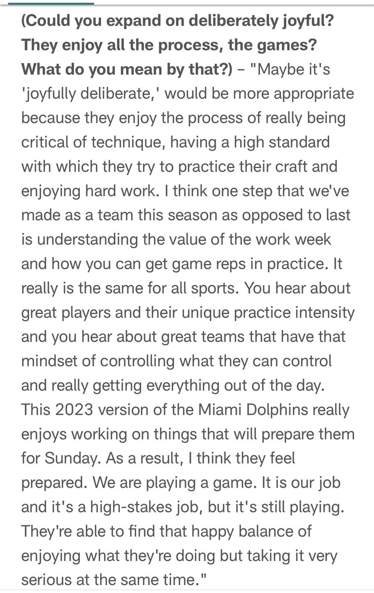 Dolphins HC Mike McDaniel on his team being “joyfully deliberate.”
 
Share this with your team.