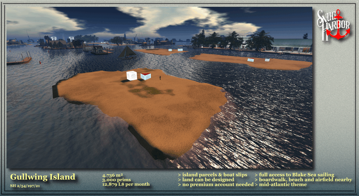 DariahRaynier's tweet photo. Parcels in #SnugHarbor #SecondLife 

Full access to #BlakeSea sims.

Five parcels are for purchase:  No premium membership required. Land can be designed, skybox building allowed. Public facilities nearby.

Start your visit here at Snug Harbor Boardwalk:
https://t.co/f4M6phPv96 https://t.co/MGLICXLxu6