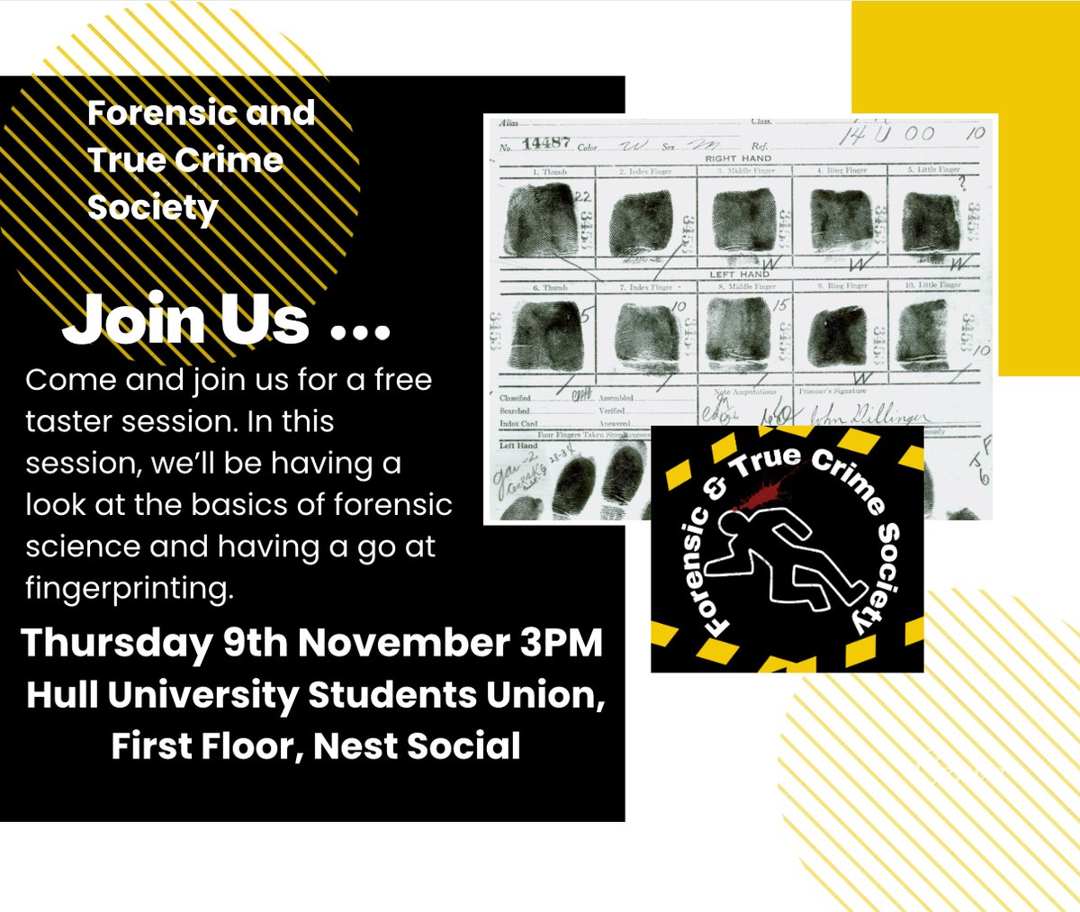 ForenSocHull's tweet photo. Come join us for a free Forensic taster session at the Student's Union building on Thursday 9th, at 3pm. Everyone is welcome! https://t.co/H1N8ZLg0bi
