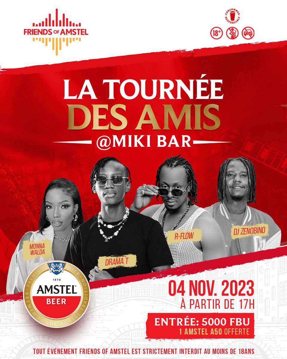 🚨 Rendez-vous dans quelques minutes à Miki Bar (avenue du Large), la tournée 'Friends of Amstel'est de retour 

🔥Il y aura de la bière Amstel à votre goût 🍻& de la bonne musique🎼💃🏾🕺🏽

#Burundi
#BrasserUnMondeMeilleur
#ConsommerResponsable