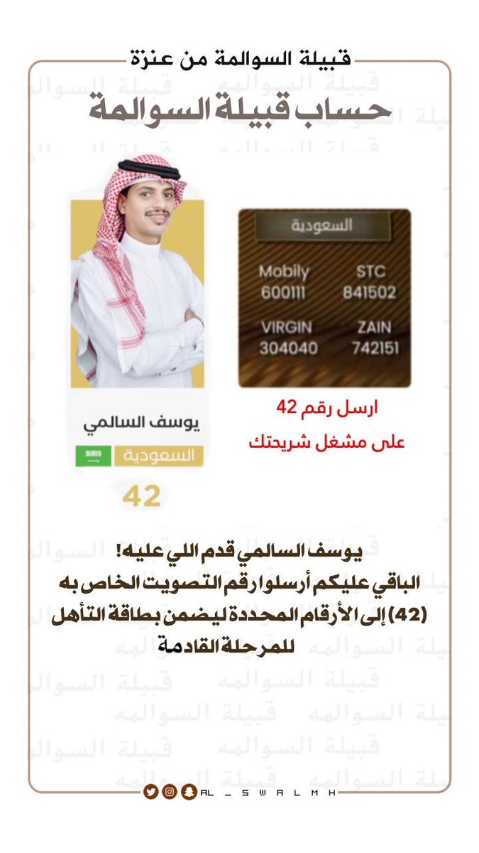 حساب قبيلة #السوالمه 

سيتم إطلاق هاشتاق إن شاء الله  

دعم للشاعر  يوسف السّالمي 

المشارك في شاعر الراية 

وذلك عند الساعه 8:00 مساء اليوم السبت 

نرجو المشاركة بالتغريد تحت هذا الهاشتاق 

حتى يصل إلى أكبر عدد ممكن 

#دعم_شاعر_الرايه_يوسف_السالمي 

كل التوفيق لشاعرنا المتألق