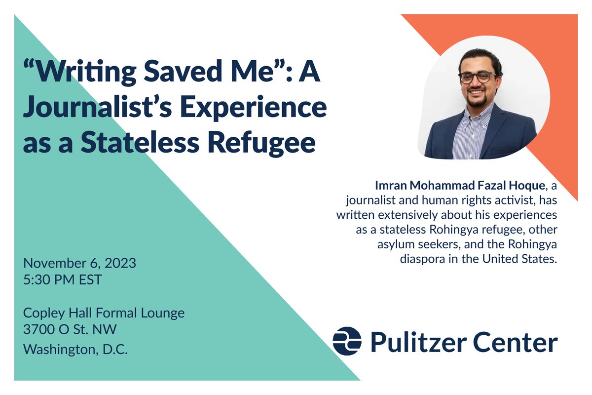 pulitzercenter's tweet photo. This Monday, join Reporting Fellow and award-winning journalist @imranmfh in a conversation on how stateless refugee communities around the world rely on education and religion to help themselves.

📍@GUberkleycenter, Copley Hall, D.C.

Register today!
✍️https://t.co/DHQOMngkqk✍️ https://t.co/ztfbe4M3CL