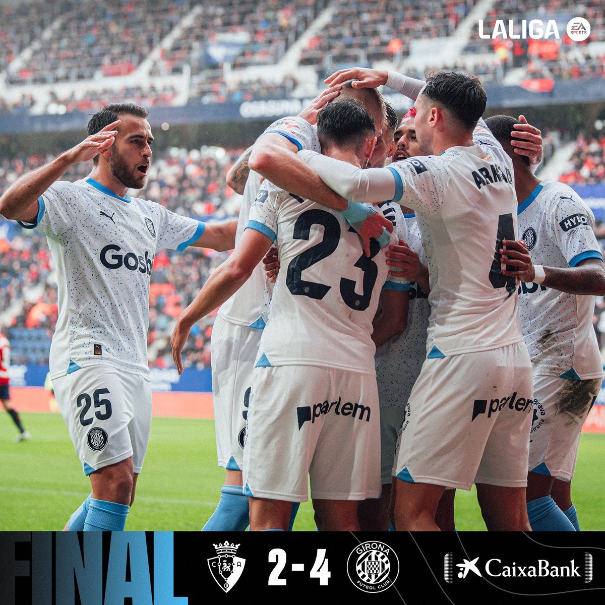GironaFC's tweet photo. 🏁 𝗙𝗜𝗡𝗔𝗟
⚽️ @ivanmartinn7 
⚽️ Dovbyk
⚽️ Tsygankov 
⚽️ @97_aleix 
💪 QUINS 3 PUNTS!
🔴⚪️ #OsasunaGirona https://t.co/YzuXzGm5MI