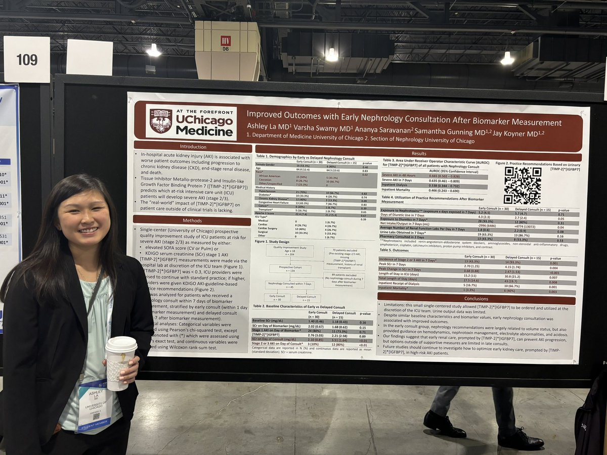 Go check out our exciting data and showing that combining  AKI bio markers  and early nephrology consults improve outcomes in the ICU. Awesome work by <a href="/MedChiefs/">MedChiefs</a> chief resident and future Neph fellow Dr.  La. Poster 108 Saturday morning -#KidneyWk