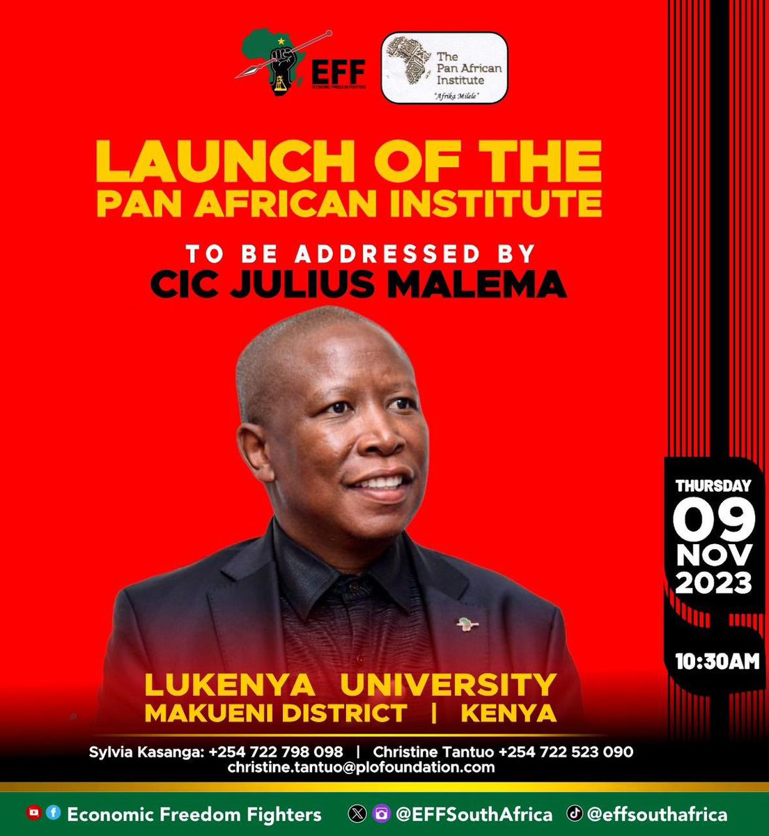 The PLO Lumumba Foundation (@plo_foundation) on Twitter photo Join us for the launch of The Panafrican Institute on Thursday 9th November at the Lukenya University, Makueni County at 10.30am. CIC and President of the EFF will be our Chief Guest <a href="/EFFSouthAfrica/">Economic Freedom Fighters</a> <a href="/Julius_S_Malema/">Julius Sello Malema</a> @Panafricaninstitute <a href="/ProfPLOLumumba/">PLO Lumumba</a> <a href="/SylviaKasanga/">Dr. Arch. Sylvia Kasanga</a> <a href="/CTantuo/">Christine Tantuo</a> Join us for the launch of The Panafrican Institute on Thursday 9th November at the Lukenya University, Makueni County at 10.30am. CIC and President of the EFF will be our Chief Guest <a href="/EFFSouthAfrica/">Economic Freedom Fighters</a> <a href="/Julius_S_Malema/">Julius Sello Malema</a> @Panafricaninstitute <a href="/ProfPLOLumumba/">PLO Lumumba</a> <a href="/SylviaKasanga/">Dr. Arch. Sylvia Kasanga</a> <a href="/CTantuo/">Christine Tantuo</a>