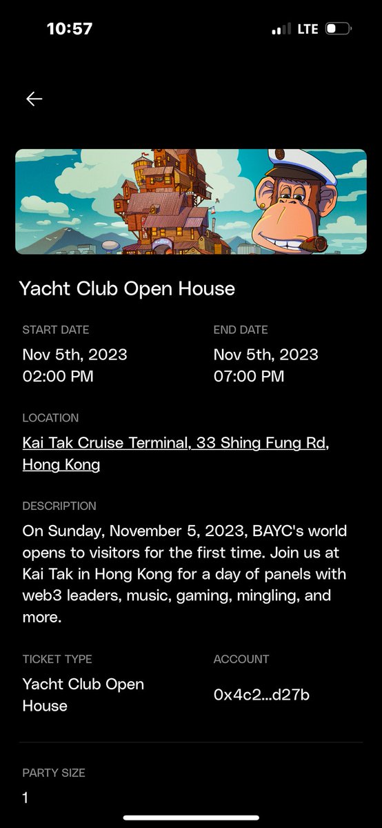 Got 2 extra tix available for the yacht club open house for 11/5 . 

#ApeFestHK