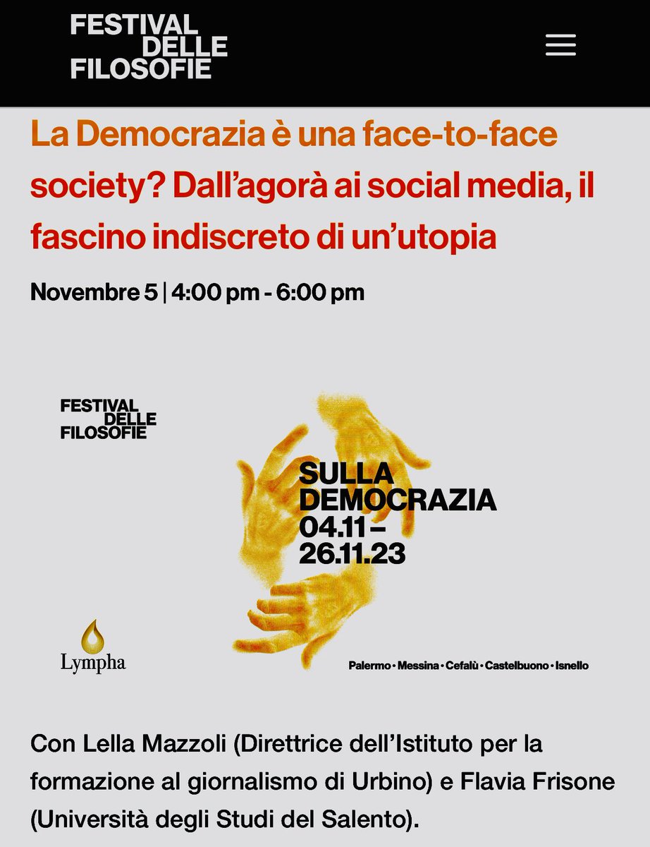 🤔 La #Democrazia è una face-to-face society? 
📱Dall’agorà ai #socialmedia, il fascino indiscreto di un’utopia

🗣️Ne discutiamo al @fest_filosofie il 5 nov h 16 @Branciforte_Pa con @lellamazzoli e i presenti

👥 Partecipate anche voi?
 
#storiagreca #filosofia #unisalento #unipa