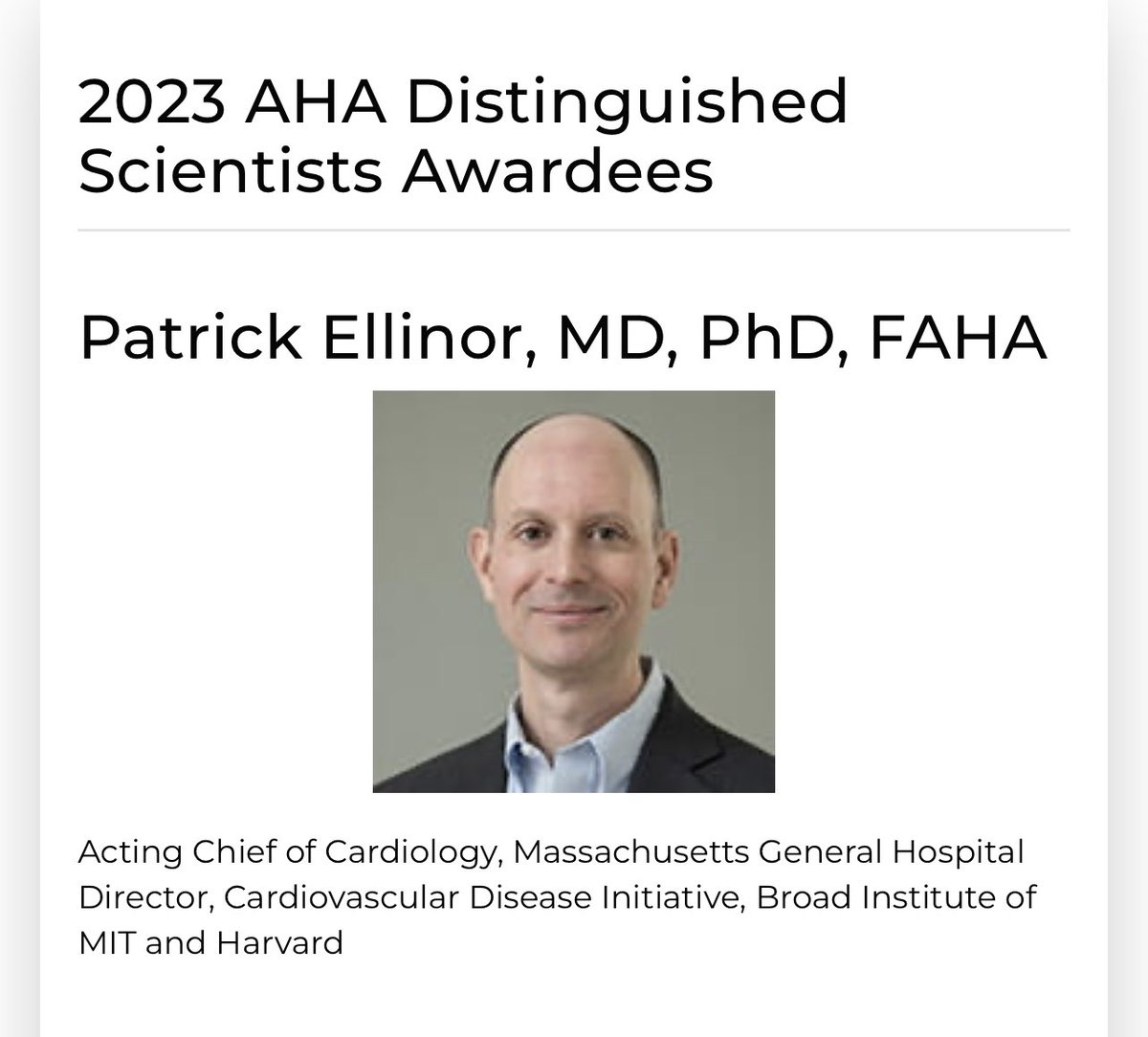 Congratulations @patrick_ellinor on receiving the @American_Heart highest scientific honor. Your contributions to understanding atrial fibrillation have been spectacular! Add to that clinical leadership, mentorship of trainees, and humility. Kudos! professional.heart.org/en/partners/di…