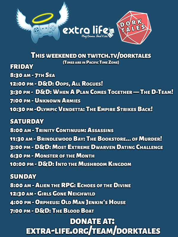 dork_tales's tweet photo. We're live with day two of #extralife on https://t.co/4KK2v90pbr! Join us for Assassins, Brindlewood Bay, D&amp;D, and more as we raise money for the @BCChildrensHosp!

#extralife4kids #extralife2023 #dorktales #ttrpg #actualplay #charity https://t.co/ffRNZJzX9e