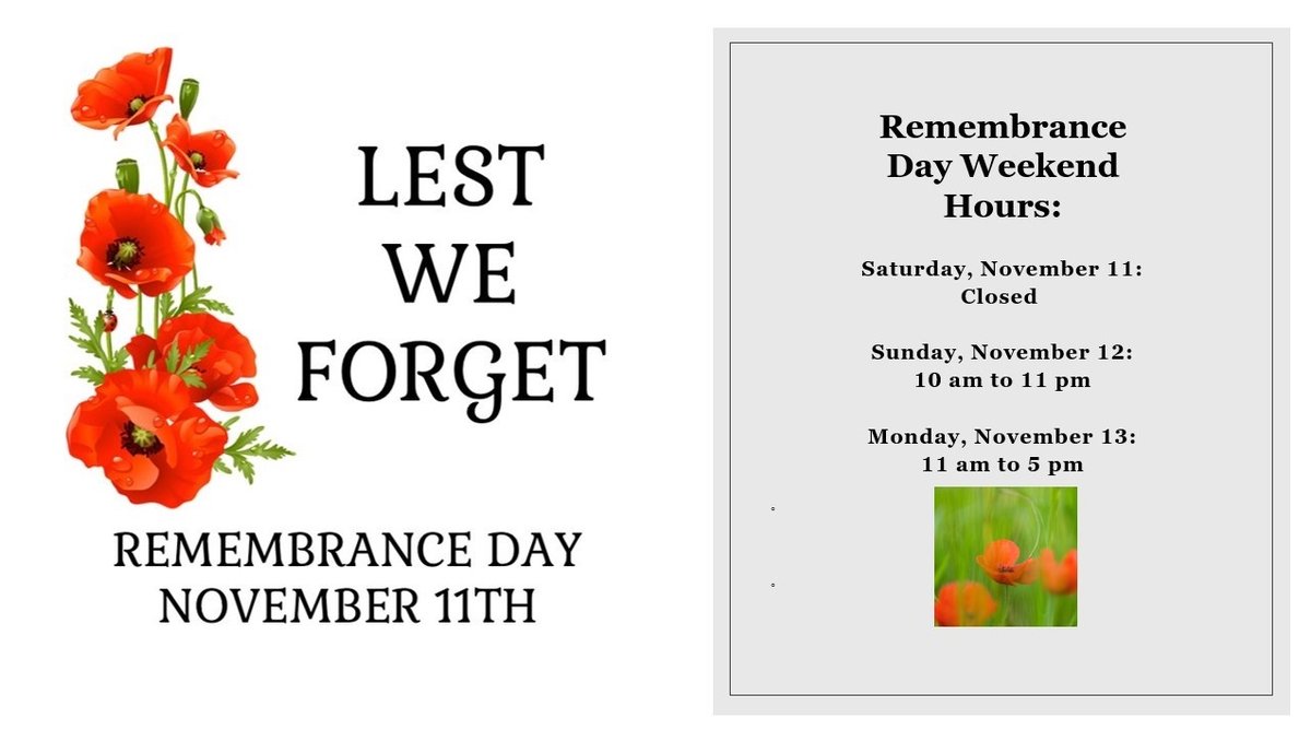 UPEILibrary's tweet image. Our weekend hours:⁠
⁠
​Saturday, November 11: ​⁠
Closed ​⁠
⁠
Sunday, November 12:​⁠
10 am to 11 pm​⁠
⁠
Monday, November 13:​⁠
11 am to 5 pm​⁠
⁠
#RobertsonLibrary #UPEI⁠