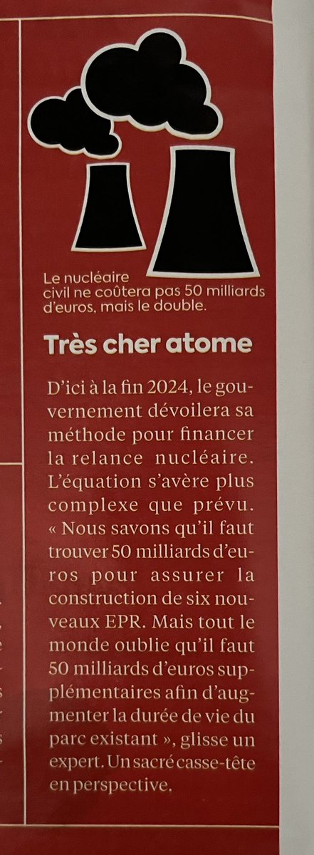 Très cher atome !
Ce n’est pas 50 Mds pour relancer le nucléaire ☢️ mais 50 + 50 = 100 Mds€ nécessaire 
Vraiment très cher nucléaire !
#Energie #nucleaire #unpognondedingue #nosimpots