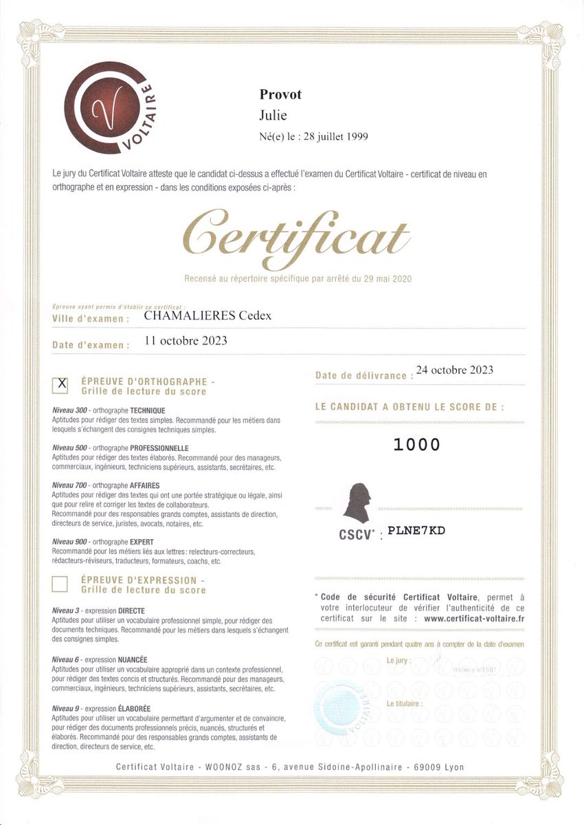 Chose promise, chose due !
Comme indiqué dans mon dernier message sur X, j'ai passé l'épreuve d'orthographe du certificat Voltaire... et ai obtenu le score parfait, 1000/1000 ! 😁
N'hésitez donc pas à me confier la correction de vos textes. J'ai hâte de découvrir votre plume ! 🤓