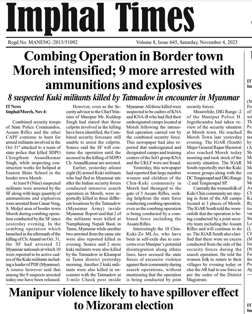 MoonFaceP's tweet photo. #Moreh - 2 Myanmar nationals among the SoO militants arrested from Moreh
📮It seems that Pandora’s Box was opened by the #KukiChinZoSeparatists by killing a #Manipur Police Officer SDPO Anand in Moreh. The stories which are tumbling out of Moreh are enough to indicate the superlative conspiracy enacted openly.
📮Deployment of security forces in any part of the country and state is the prerogative of the Government if yours truly is not mistaken.
📮Condemning the deployment of state security forces in Moreh by #KukiChinZoSeparatists was an ill-informed petulant and arrogant act.
📮But killing a Manipur Police Officer while on duty in Moreh was a CRIME. And #Bharat has the Indian Penal Code (IPC) and the Code of Criminal Procedure (CrPC) to deal with crime (s).
📮Reports now inform that #SoO cadres belonging to #UnitedKukiLiberationArmy who are #KukiChinZoSeparatists were apprehended from Moreh along with warlike stores. Are these SoO cadres the so-called KUKI VOLUNTEERS????
📮my question today is are armed #KukiMilitants the so called Kuki volunteers who had participated in the May 3 Protest Rally in #Churachandpur???
#Manipur
#MeiteiFightsBack #Istand4Manipur
#KukiLiesXposed #KukiChinZoMilitants #ResilientManipur #IStandForManipur
#Justice4LinthoiHemanjit #ManipurFightsBack #ThisIsManipur
#India4ManipurRelief #Support4DisplacedManipuris
@cbiheadquarters @NIA_India @Spearcorp @ManipurPolice @adgpi @scroll_in @newslaundry @TheQuint @firstpost @indiatimes @AIIndia @amnestysasia @UNHumanRights @UNOCHA @UN @democracynow @HuffPostIndia @theintercept @AP @NDTV @ANI @PTI_news @asiannewsindia @timesofindia @indiatimes @DeccanHerald @DeccanChronicle @SwarajyaMag @Outlookindia @Economictimes @CittiMedia
@IndianExpress @thewire_in @TheStatesmanLtd @BBCWorld @soutikBBC @DeeptimanTY
#STDemand4Meitei #ArjunMundaST4Meitei #BirenForwardST4MeiteiProposal #ST4Meitei