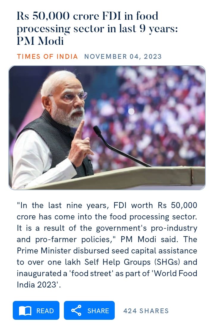 tridib_bordoloi's tweet image. Rs 50,000 crore FDI in food processing sector in last 9 years: PM Modi
timesofindia.indiatimes.com/india/rs-50000…

#FDI #foodProcessingSector #PMNarendraModi