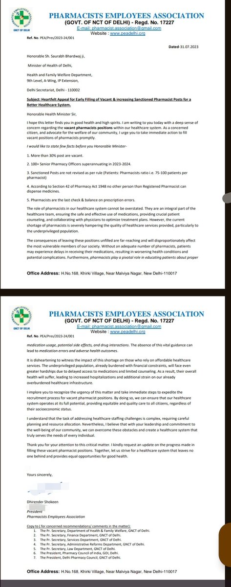 <a href="/RpaUnited/">UnitedRPA</a> <a href="/PresidentPEA/">President Pharmacists Association</a> <a href="/GSPPA11/">Gujarat State Panchayat Pharmacists Association</a> <a href="/MPPA_/">MP Pharmacist Association (MPPA)</a> <a href="/RPEA_U/">RAJASTHAN PHARMACIST EMPLOYEE ASSO.(U)</a> <a href="/Pharmadept/">Department of Pharmaceuticals 🇮🇳</a> <a href="/PEADelhi/">Pharmacist Employee Association Delhi</a> <a href="/AAMCStaff/">Aam Aadmi Mohalla Clinic (AAMC) Staff Association</a> <a href="/IPA_India/">IPA - Indian Pharmacist Association</a> <a href="/PharmacistUnity/">Maharashtra Asso.Of Pharmacy Students & Pharmacist</a> <a href="/President_PCI/">Pharmacy Council of India</a> <a href="/a39a8f4182dc485/">Ambedkarite</a> <a href="/AshokShrivasta6/">Ashok Shrivastav</a> <a href="/Bhagwan_Maloo/">Bhagwan Maheshwari</a> <a href="/bhupendrakosma/">Bhupendra Kumar🇮🇳</a> <a href="/DattaDrx/">DRX Datta M Kharate.117</a> <a href="/N_Kaushik1/">Narender Kaushik</a> <a href="/KhushnumaMalik6/">Khushnuma Malik</a> <a href="/nishadagar98/">Nisha Dagar</a> <a href="/RbskPharmaAnm/">RBSK PHARMACIST/A.N.M. UNION</a> <a href="/msisodia/">Manish Sisodia</a> <a href="/narendramodi/">Narendra Modi</a> <a href="/PMOIndia/">PMO India</a> <a href="/HMOIndia/">गृहमंत्री कार्यालय, HMO India</a> <a href="/MoHFW_INDIA/">Ministry of Health</a> <a href="/WHO/">World Health Organization (WHO)</a> <a href="/AyushmanNHA/">National Health Authority (NHA)</a> <a href="/DoPTGoI/">DoPT</a> <a href="/MSJEGOI/">Ministry of Social Justice & Empowerment, GOI</a> <a href="/MLJ_GoI/">Ministry of Law and Justice</a> <a href="/mansukhmandviya/">Dr Mansukh Mandaviya</a> <a href="/LtGovDelhi/">LG Delhi</a> sir <a href="/Saurabh_MLAgk/">Saurabh Bharadwaj</a> 
Kindly order of relief
Decade have past
Pharmacist join Pharmacist retire 40 yrs service
It is humane,justice
Same govt different pay scale DTC 4200 GP initial (10+ diploma)
GNCT employee B Pharma (12+4 yrs)Violation of Article 14 FundamentalRight