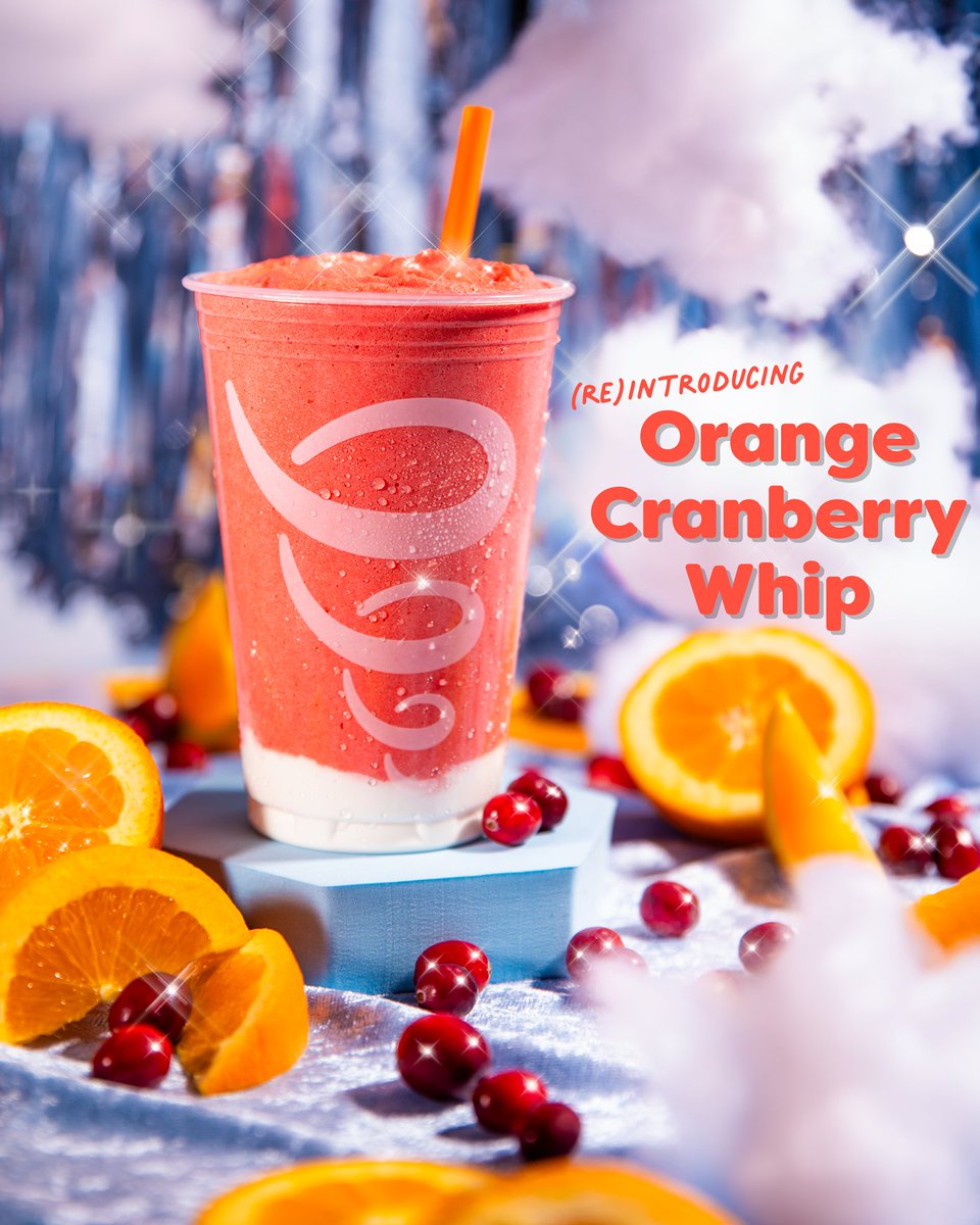 JambaJuice's tweet photo. Hear those sleigh bells ring?? 🎄🔔

Re-Introducing your favorite holiday smoothie:  🍊☁️ Orange Cranberry Whip ☁️🍊

New name, but still made with the same ingredients you love! ❤️ Only here until December 31st! ⏰🎅🏼 https://t.co/n96WaVVxlk