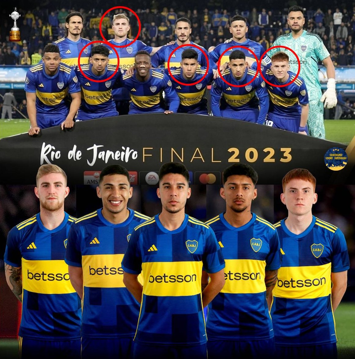 ReservaBocaJrs's tweet photo. 📊🏆 Por PRIMERA VEZ en toda su HISTORIA, Boca jugará una FINAL de Copa Libertadores con CINCO jugadores surgidos de INFERIORES.

➜ Esta tarde serán TITULARES: Valentini, Medina, Barco, Equi y Pol Fernández.

⚔️ Además, NUNCA lo había hecho con un MEDIOCAMPO 100% de inferiores. https://t.co/vj0ZOF03Zy