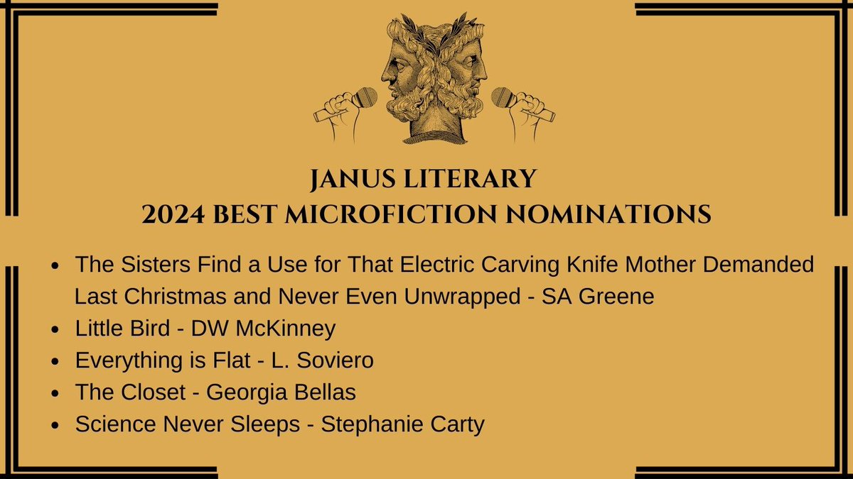 Congratulations to our Best Microfiction 2024 (<a href="/bestmicrofic/">…</a>) nominees. Good luck to you all:

<a href="/thedwmckinney/">DW McKinney</a> - issue 11
<a href="/tiredpsych/">ON HIATUS Stephanie Carty</a> - issue 10
<a href="/SAGreene1/">S.A. Greene</a> - issue 10
@MrBearStumpy - issue 11
L. Soviero - issue 11