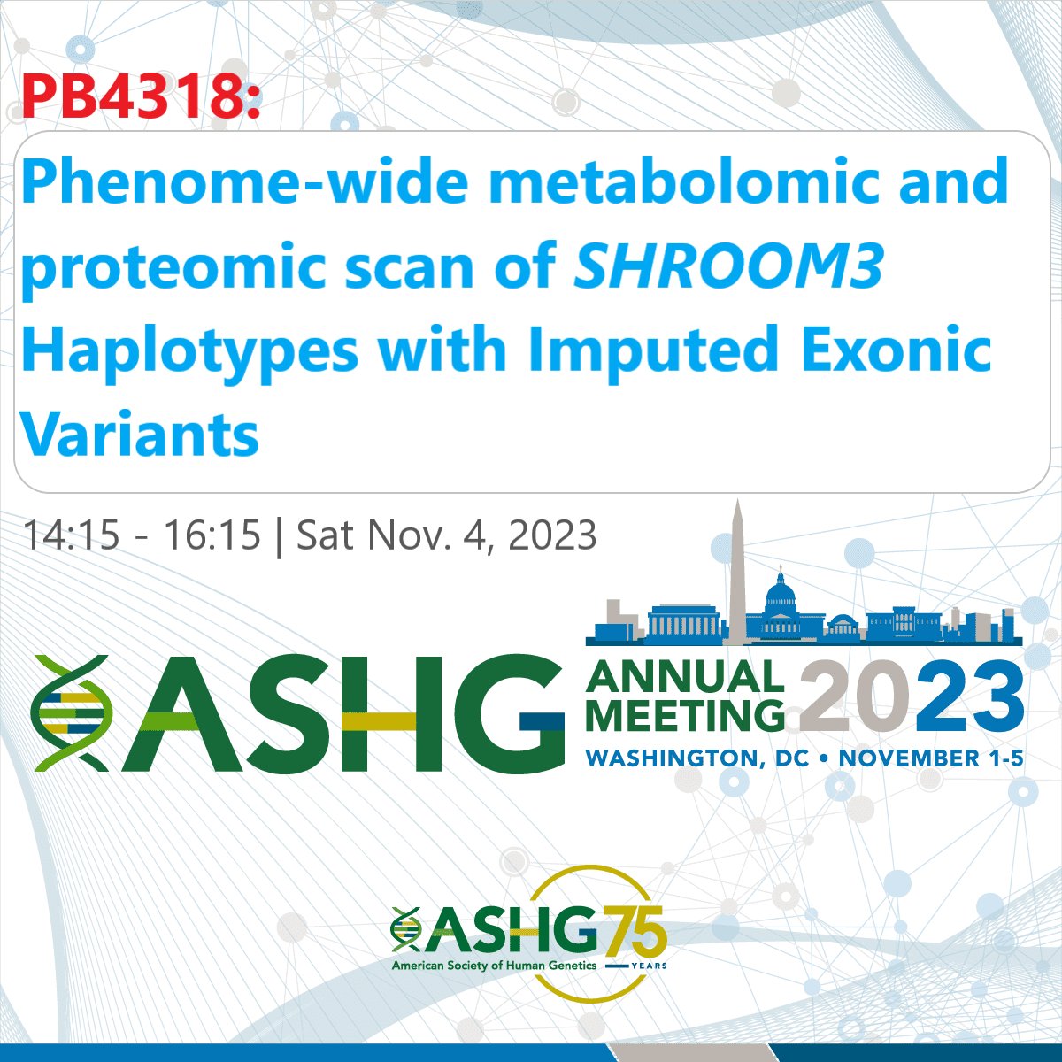 I will be presenting today my improved PhD chapter 2 on #haplotypeAnalysis of #SHROOM3, a locus known  for renal function, at #ASHG2023 in Washington D.C.

See you at PB4318 today at 14:15 to 16:15, Nov. 4, 2023.

<a href="/EuracBiomed/">Biomedicine - Eurac Research</a> <a href="/TrainCKDis/">TrainCKDis ITN</a> #kidney #CKD #CKDGen